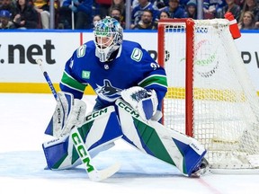 Arturs Silovs of the Vancouver Canucks defends his net during the first period in Game Five of the First Round of the 2024 Stanley Cup Playoffs against the Nashville Predators at Rogers Arena on April 30, 2024 in Vancouver, British Columbia, Canada.