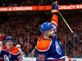 Edmonton Oilers forward Leon Draisaitl celebrates a power play goal against the Los Angeles Kings during the second period of Game 5 of the Western Conference quarterfinal series on Wednesday in Edmonton.