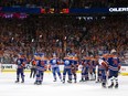 The Edmonton Oilers celebrate the series victory against the Los Angeles Kings in Game 5 of their first-round playoff series at Rogers Place on May 1, 2024, in Edmonton.