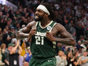 Patrick Beverley of the Milwaukee Bucks celebrates after a basket during the second half of Game 5 of the Eastern Conference First Round Playoffs against the Indiana Pacers at Fiserv Forum on April 30, 2024, in Milwaukee, Wis.