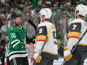 Craig Smith #15 of the Dallas Stars shakes hands with Jack Eichel #9 of the Vegas Golden Knights after Game Seven of the First Round of the 2024 Stanley Cup Playoffs at American Airlines Center on May 05, 2024 in Dallas, Texas.