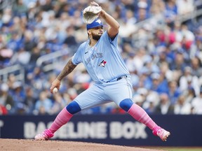Alek Manoah, of the Toronto Blue Jays, pitches in the second inning of their MLB game against the Minnesota Twins at Rogers Centre on Sunday, May 12, 2024 in Toronto.