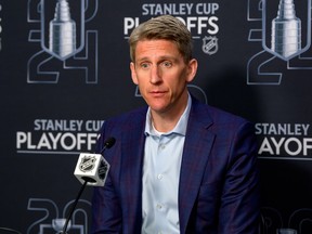 Kris Knoblauch head coach of the Edmonton Oilers speaks to the press after winning against the Vancouver Canucks in Game Seven of the Second Round of the 2024 Stanley Cup Playoffs at Rogers Arena on May 20, 2024 in Vancouver.