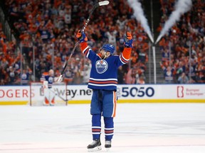 EDMONTON, ALBERTA - MAY 18: Evan Bouchard #2 of the Edmonton Oilers celebrates a goal during the second period against the Vancouver Canucks in Game Six of the Second Round of the 2024 Stanley Cup Playoffs at Rogers Place on May 18, 2024 in Edmonton, Alberta.