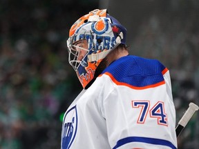Stuart Skinner #74 of the Edmonton Oilers looks on during the first period in Game One of the Western Conference Final of the 2024 Stanley Cup Playoffs against the Dallas Stars at American Airlines Center on May 23, 2024 in Dallas, Texas.