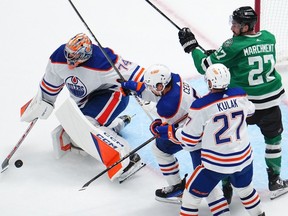 Stuart Skinner #74 of the Edmonton Oilers makes a save against the Dallas Stars during the second period in Game 2 of the Western Conference Final of the 2024 Stanley Cup playoffs at American Airlines Center on May 25, 2024 in Dallas, Texas.