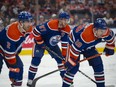 Edmonton Oilers Evan Bouchard (2), Connor McDavid (97) and Zach Hyman (18) face the Los Angeles Kings at Rogers Place in Edmonton on May 1, 2024.