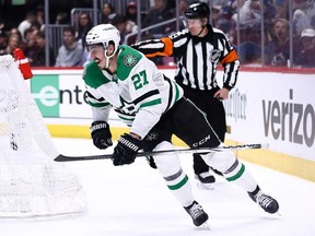 Mason Marchment of the Dallas Stars celebrates after a 2-1 double-overtime victory against the Colorado Avalanche in Game 6 of the Second Round of the 2024 Stanley Cup Playoffs at Ball Arena on May 17, 2024 in Denver, Colorado.