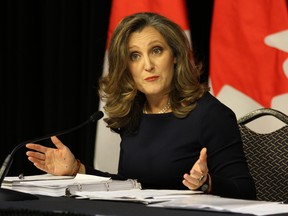 Deputy Prime Minister and Finance Minister Chrystia Freeland speaks with reporters in Ottawa on Tuesday, April 16, 2024.
