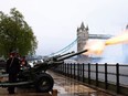 Members of the Honourable Artillery Company fire a 62 Gun Royal Salute from Tower Wharf in central London, May 6, 2024.