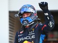 Max Verstappen of Oracle Red Bull Racing celebrates in parc ferme during qualifying ahead of the F1 Grand Prix of Miami at Miami International Autodrome on May 4, 2024.