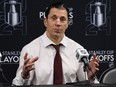 Head coach Rod Brind'Amour of the Carolina Hurricanes speaks with the media at UBS Arena on April 25, 2024 in Elmont, New York.