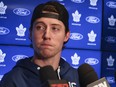 Toronto Maple Leafs Mitch Marner speaks to the media at the Ford Performance Centre on locker cleanout day. in Toronto on Saturday May 6, 2023
