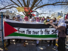The entrance to a Pro-Palestinian encampment in an area that was fenced off at the University of Toronto campus in downtown Toronto on Thursday May 2, 2024. Ernest Doroszuk/Toronto Sun/Postmedia