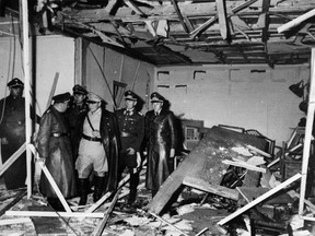 A view of the destroyed interior of a briefing room in Hitler's headquarters, Wolfsschanze, July 20, 1944.