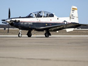 This image provided by the U.S. Air Force shows a U.S. Air Force T-6A Texan II taxiing down the flight line at Laughlin Air Force Base, Texas, on Jan. 26, 2024.