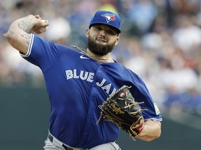 Blue Jays starting pitcher Alek Manoah delivers against the Tigers during the second inning at Comerica Park on May 24, 2024 in Detroit.
