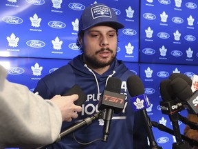Toronto Maple Leafs Auston Matthews speaks to the media at the Ford Performance Centre on locker cleanup day.