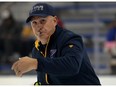 St. Louis Blues Head Coach Craig Berube runs drills on the first day of Blues 2023 Training Camp on Thursday, Sept. 21, 2023, at Centene Community Ice Center in Maryland Heights, Mo.