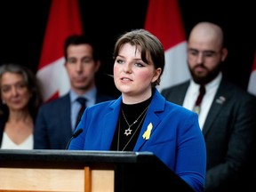 McGill University student Claire Frankel speaks during a press conference at the National Press Theatre (NPT) in the Parliamentary Precinct in Ottawa, on Wednesday, May 8, 2024.