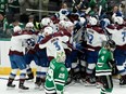 Miles Wood #28 of the Colorado Avalanche celebrates with teammates after scoring the game winning goal during overtime against the Dallas Stars in Game One of the Second Round of the 2024 Stanley Cup Playoffs at American Airlines Center on May 07, 2024 in Dallas, Texas.