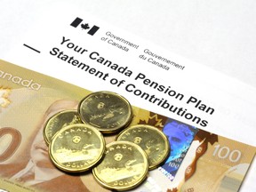 A Canada Pension Plan Statement of Contributions with a $100 banknote and loonies.