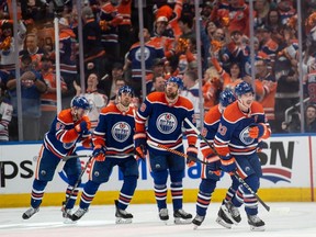Ryan Nugent-Hopkins (93)of the Edmonton Oilers, gives the Oilers a 4-2 lead in the second period against the Los Angeles Kings at Rogers Place in Edmonton on May 1, 2024.