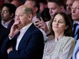 German Federal Chancellor Olaf Scholz, left and SPD lead candidate for the European elections, Katarina Barley, listen, during Party of European Socialists (PES) Democracy Congress, in Berlin, Saturday, May 4, 2024.