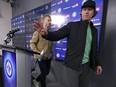 Winnipeg Jets' Tyler Toffoli (right) and Kyle Connor, leave the podium during the team's final media availability on Thursday, May 2, 2024.
