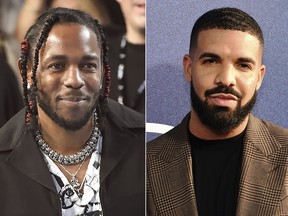 Rapper Kendrick Lamar appears at the MTV Video Music Awards, on Aug. 27, 2017, in Inglewood, Calif., left, and Canadian rapper Drake appears at the premiere of the series "Euphoria," in Los Angeles on June 4, 2019.