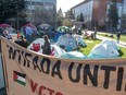 At least 30 tents have appeared in the Quad at the University of Alberta in support of Palestine. The students are demanding the University divest from companies that have ties to Israel on May 10, 2024.