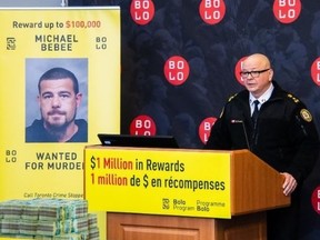 Toronto Police Chief Myron Demkiw speaks at an April 23, 2023, news conference to announce the Top 25 most wanted fugitives in Canada including, at No. 1, Toronto's Michael Bebee, who was arrested on Tuesday, April 30, in Charlottetown.