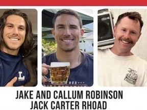 Brothers Jake and Callum Robinson, and their friend, Jack Carter Rhoad, are pictured in a photo taken from photo posted on Facebook.