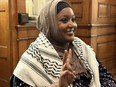 Sarah Jama, an independent MPP, speaks to members of the media while wearing keffiyeh at Queen's Park in Toronto on Tuesday April 23, 2024.