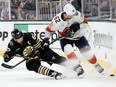 Brad Marchand of the Boston Bruins battles for the puck against Brandon Montour of the Florida Panthers at TD Garden on May 17, 2024 in Boston.