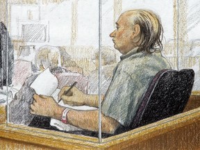 An artist's sketch of Robert Pickton taking notes during the second day of his trial in B.C. Supreme Court in New Westminster, B.C., Tuesday, Jan. 31, 2006.