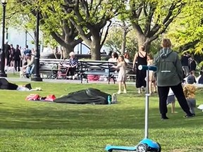 A covered couple is seen having sex in Manhattan's Battery Park as children play nearby.