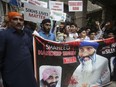 Members of Sikh community hold a protest against the killing of Hardeep Singh Nijjar, in Peshawar, Pakistan, Wednesday, Sept. 20, 2023.
