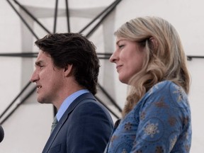 Foreign Affairs Minister Melanie Joly looks on as Prime Minister Justin Trudeau responds to a question during a media availability in Mexico City, Mexico, on Wednesday, Jan.11, 2023.
