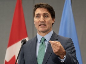 Prime Minister Justin Trudeau speaks during a news conference in New York on Thursday, Sept. 21, 2023. Trudeau is in Philadelphia today, on his first trip south of the border since his government launched a new "Team Canada" charm offensive in the United States.