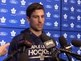 Toronto Maple Leafs John Tavares speaks to the media at the Ford Performance Centre on locker cleanup day. in Toronto on Monday May 6, 2024.