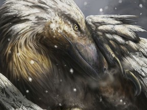 This illustration provided by the University of Vigo and University College London, depicts a dromaeosaur incubating its eggs as snow falls.