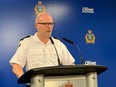 Insp. Elton Hall with Winnipeg Police's Organized Crime Divisions addresses the media at a press conference on Friday, May 3, 2024, following the arrest of two men after a "concerning and diverse" quantity of explosives were found in a home in Headingley.