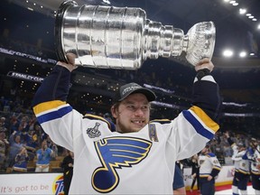 Vladimir Tarasenko carries the Stanley Cup after the St. Louis Blues defeated the Boston Bruins in Game 7 of the Stanley Cup final in Boston on June 12, 2019. Of the players on the Florida Panthers and Edmonton Oilers rosters set to compete in Game 7 of the 2024 Stanley Cup final, only Tarasenko has played in Game 7 of a Cup final.