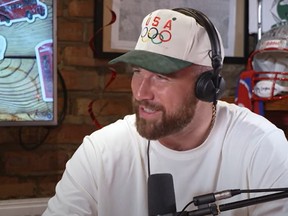 Travis Kelce speaks during the New Heights podcast.