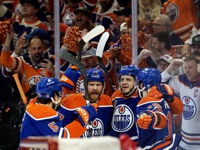 The Edmonton Oilers celebrate their second goal against the Florida Panthers during the first period of Game 4 of the Stanley Cup Finals at Rogers Place, in Edmonton Saturday June 15, 2024.