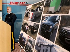 Supt. Michael McCauley, officer in charge of engagement and outreach for the Alberta RCMP, announces that the auto theft unit has shut down a sophisticated theft group with connections to organized crime, during a news conference in Edmonton on Thursday, June 27, 2024.