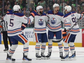 DALLAS, TEXAS - MAY 31: Philip Broberg #86 of the Edmonton Oilers celebrates with teammates after scoring a goal against the Dallas Stars during the third period in Game Five of the Western Conference Final of the 2024 Stanley Cup Playoffs at American Airlines Center on May 31, 2024 in Dallas, Texas.