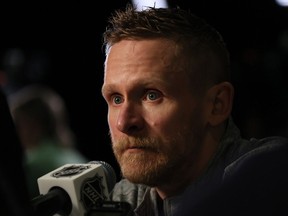 Corey Perry #90 of the Edmonton Oilers speaks to the media during Media Day prior to the 2024 Stanley Cup Final at Amerant Bank Arena on June 07, 2024 in Sunrise, Florida.