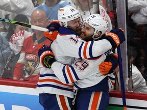 Edmonton Oilers defenceman Mattias Ekholm celebrates after scoring a goal against the Florida Panthers with teammate Leon Draisaitl during the first period in Game 2 of the 2024 Stanley Cup Final at Amerant Bank Arena on June 10, 2024 in Sunrise, Florida.